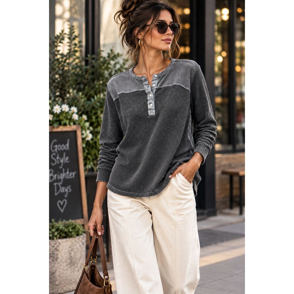 NWT Soft Surroundings Mixed Media Gray Waffle Knit Henley Top Size Large